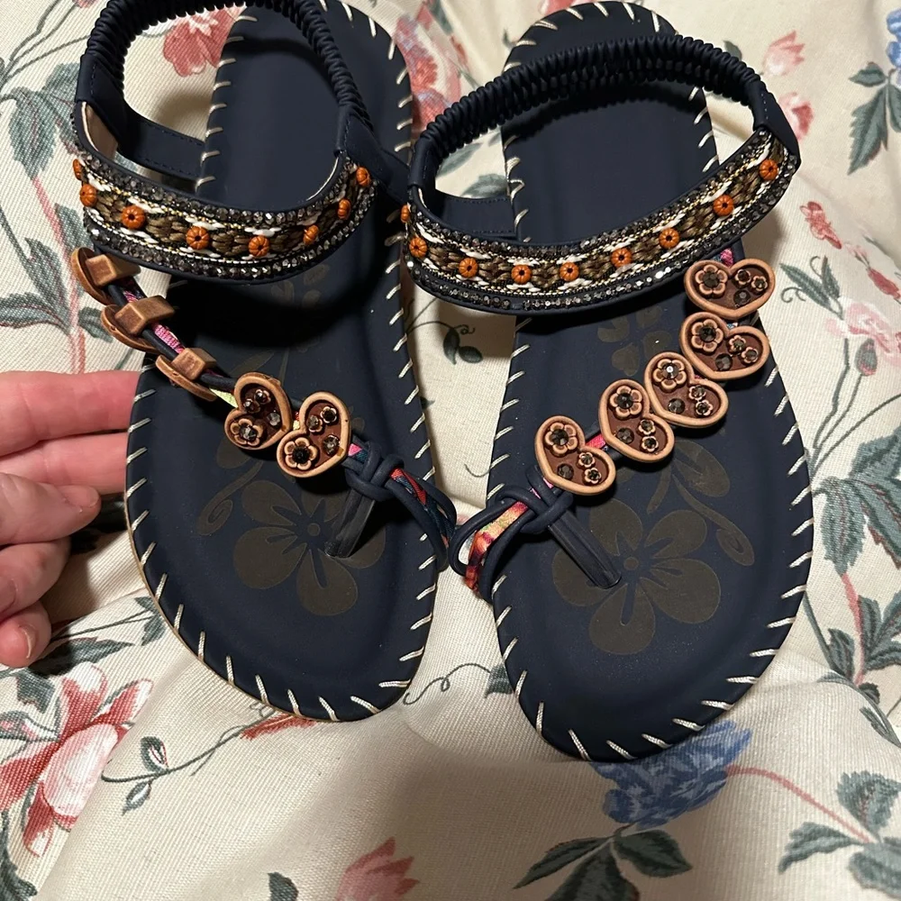 ✨ Boho Beaded Thong Sandals Black Brown Embellished EU 37 / US 6.5